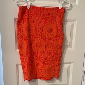 Trina Turk Vibrant Orange Floral Pencil Skirt Lace Overlay 2 Two side zip slit